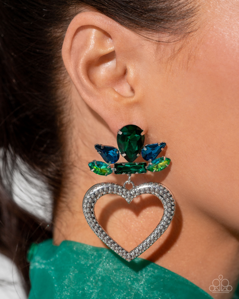 Paparazzi Sense of Propriety Green Necklace and Pushing Perfection Multi Heart Earrings Set