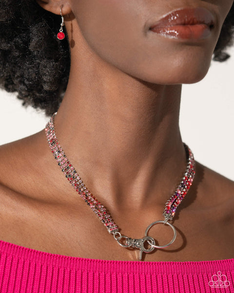Paparazzi Chic Connection Necklace, Serendipitous Strands Bracelet and One of the Girls Heart Earrings - Red Set