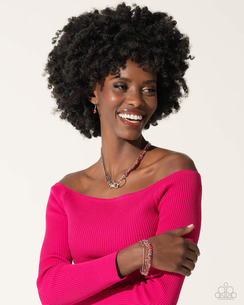Paparazzi Chic Connection Necklace, Serendipitous Strands Bracelet and One of the Girls Heart Earrings - Red Set