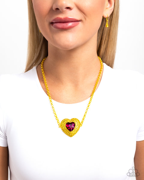 Paparazzi Locket Leisure - Yellow Heart Necklace and Fluttering Feature Pink Butterfly Earrings Set