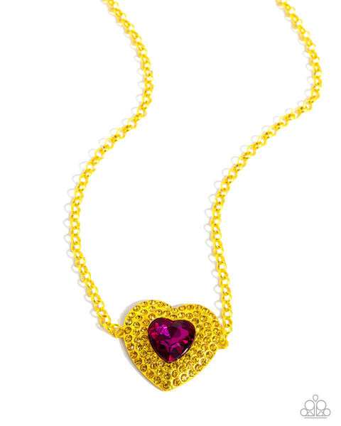 Paparazzi Locket Leisure - Yellow Heart Necklace and Fluttering Feature Pink Butterfly Earrings Set