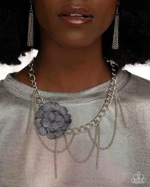 Paparazzi Deconstructed Denim Necklace and Dauntless Denim Earrings Set Blue