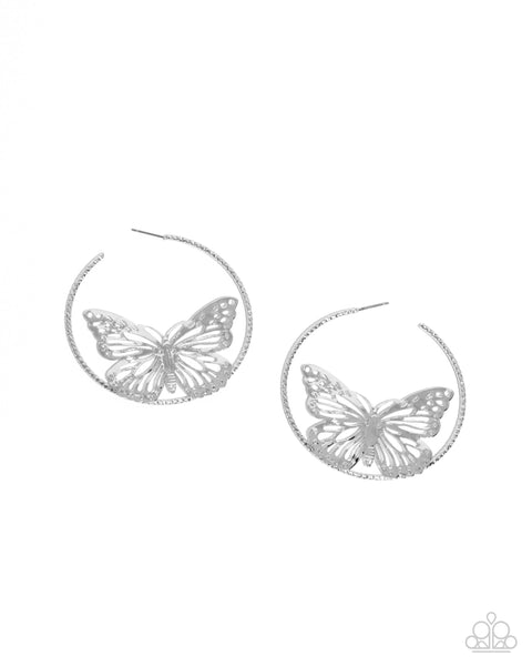 Paparazzi Aerial Alias - Silver Butterfly Hoop Earrings