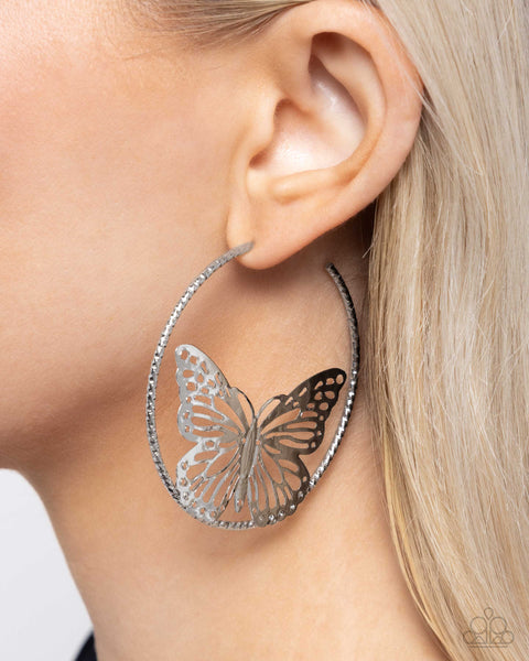 Paparazzi Aerial Alias - Silver Butterfly Hoop Earrings