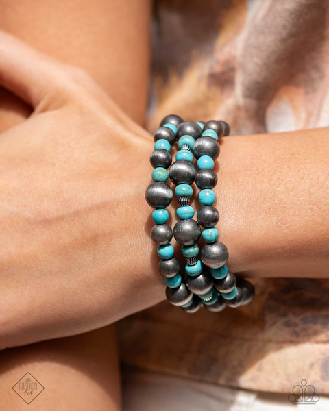 Paparazzi Daring Desert Blue Necklace, Steady Stones Blue Necklace, Desert Wanderings Silver Earrings and Desert Demand Coiled Bracelet Blue Set