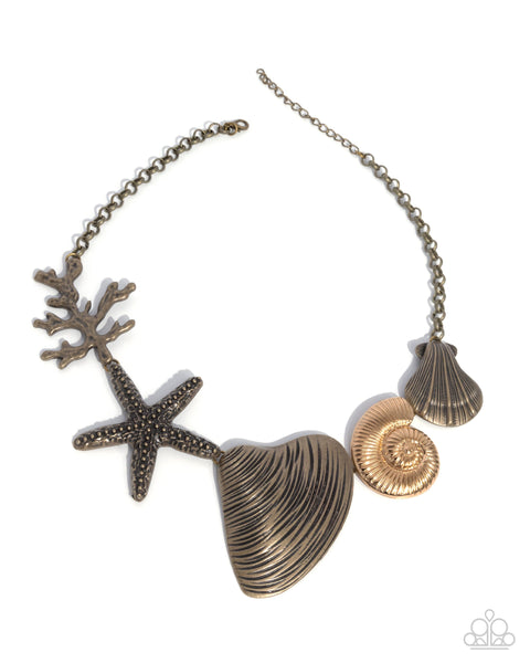 Paparazzi Along the Reef Brass Necklace and Shipwrecked Shell Gold Ring Set
