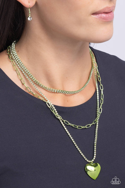 Paparazzi Caring Cascade - Green Heart Necklace