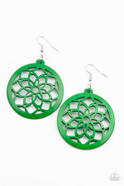 Paparazzi Mandala Meadow Green Wooden Earrings
