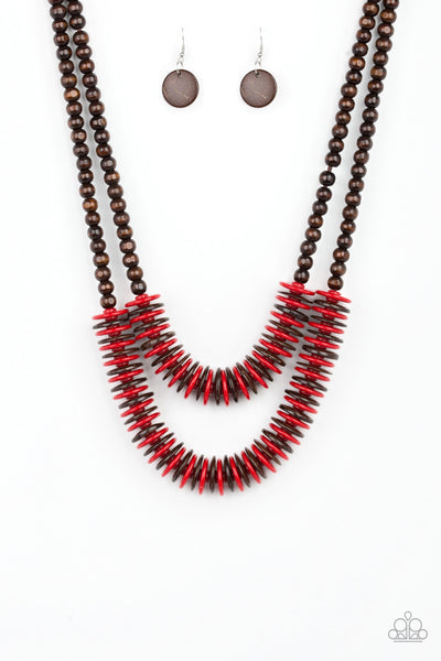Paparazzi Dominican Disco - Red and brown wooden necklace