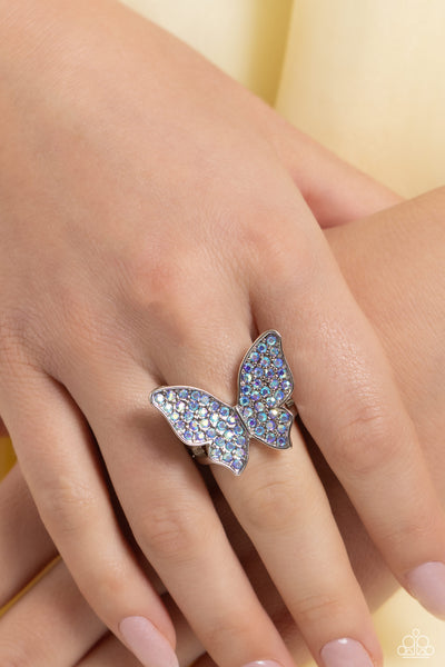 Paparazzi High Life Earrings and High Time Ring Butterfly Iridescent Blue Set