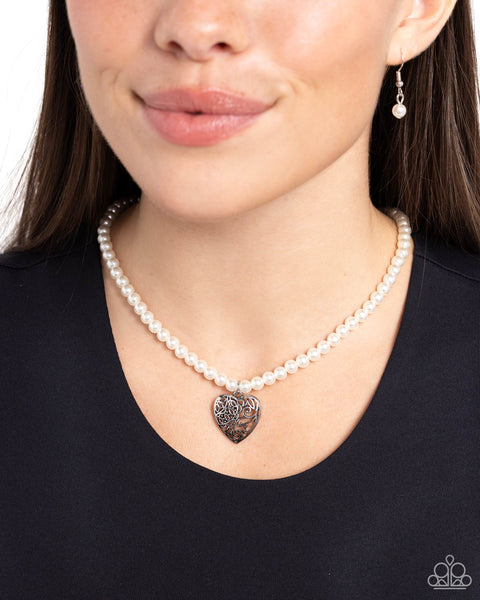 Paparazzi Filigree Infatuation - White Pearl Heart Necklace