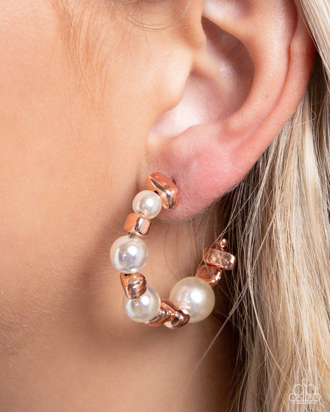 Paparazzi Playful Pearls - Copper Hoop Earrings