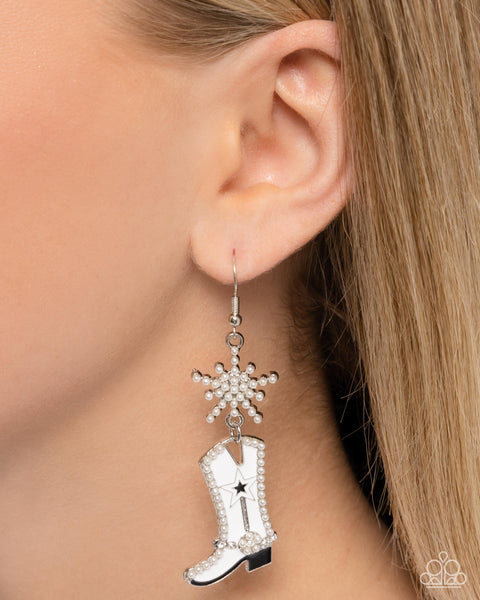 Paparazzi Compelling Cowboy - White Boots Earrings