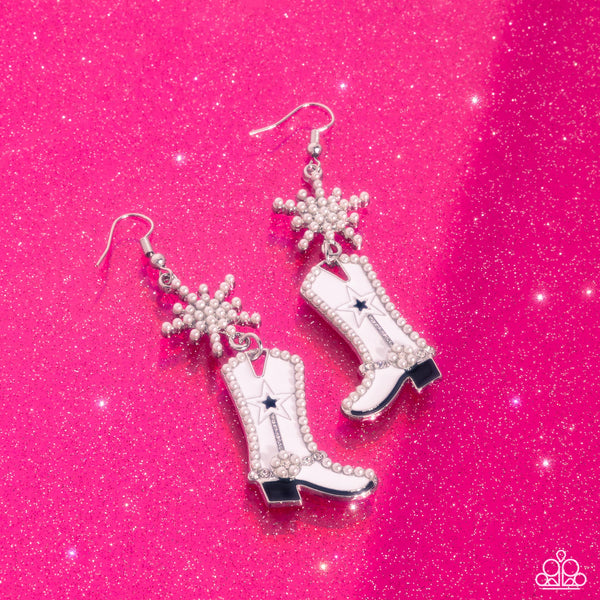 Paparazzi Compelling Cowboy - White Boots Earrings