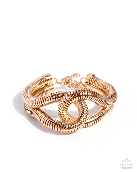 Paparazzi Knotted Kudos Necklace & Safe Sunset Interlocked Ignition Bracelet Gold Set