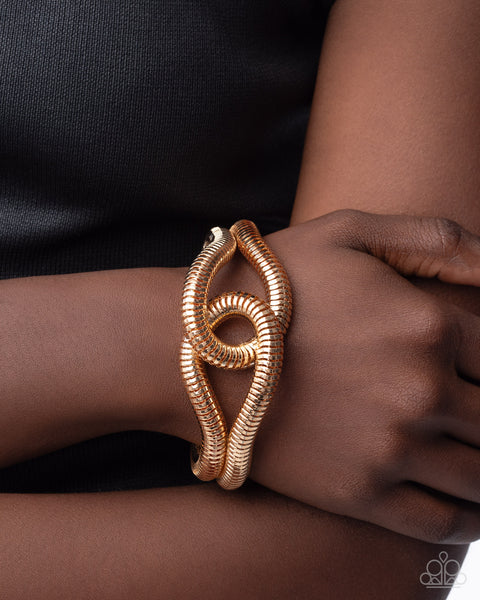 Paparazzi Knotted Kudos Necklace & Safe Sunset Interlocked Ignition Bracelet Gold Set