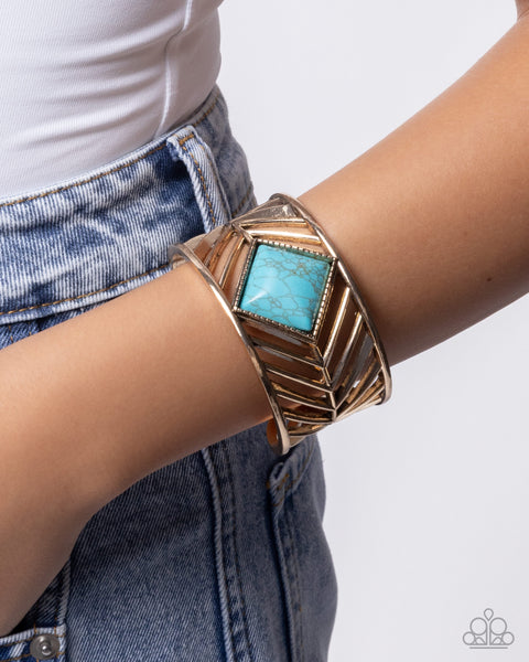 COMING SOON Paparazzi 
Square Spell Cuff Bracelet, Rustic Red Carpet Necklace, Sunset Silhouette & Divine Deserts Ring Gold Set