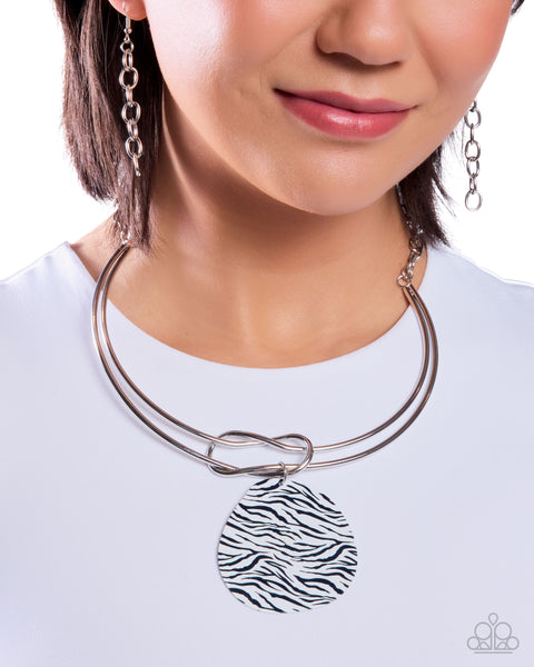 Paparazzi Running Wild Necklace White, Iconic Zebra Tassel Earrings Black, & Printed Pattern Bangle, Zebra Pen Brooch Black Bracelet Zebra Pattern (4 pieces) Zebra design Set
