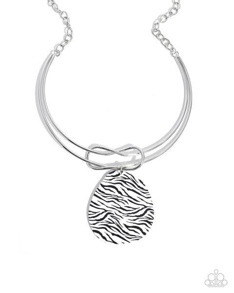 Paparazzi Running Wild Necklace White, Iconic Zebra Tassel Earrings Black, & Printed Pattern Bangle, Zebra Pen Brooch Black Bracelet Zebra Pattern (4 pieces) Zebra design Set