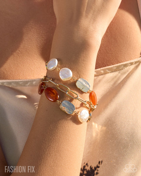 Paparazzi Archeological Find Bracelet & Archeological Dig Hoop Earrings Pearl Gold Set