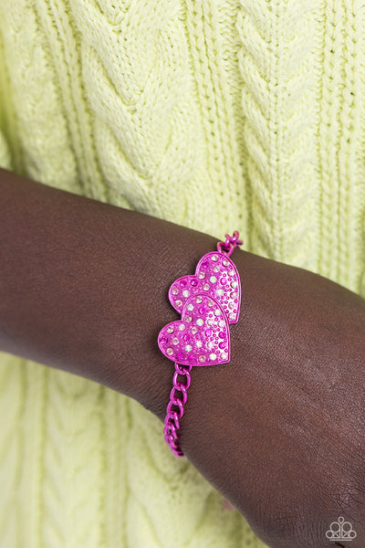 Paparazzi Low-Key Lovestruck Necklace and Lovestruck Lineup Bracelet Pink Iridescent Heart Set