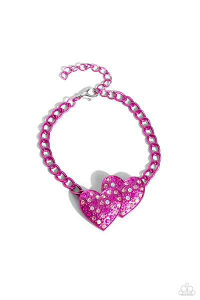 Paparazzi Low-Key Lovestruck Necklace and Lovestruck Lineup Bracelet Pink Iridescent Heart Set