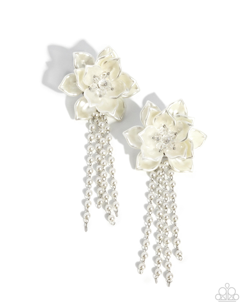 COMING SOON Paparazzi Lotus Length - White Pearl Earrings