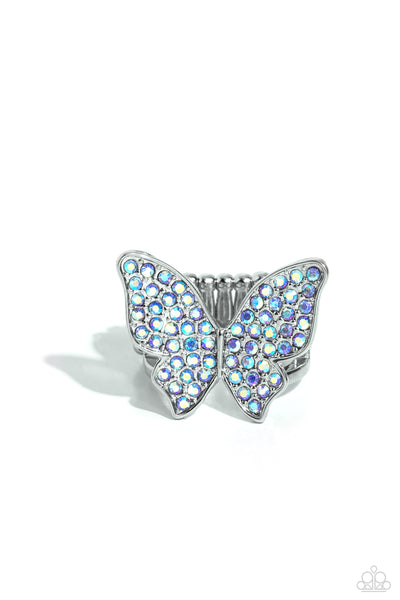 Paparazzi High Life Earrings and High Time Ring Butterfly Iridescent Blue Set