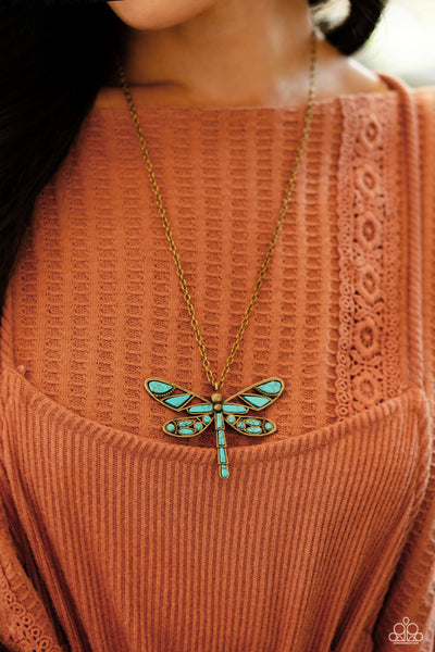 Paparazzi FLYING Low - Brass Dragonfly Necklace