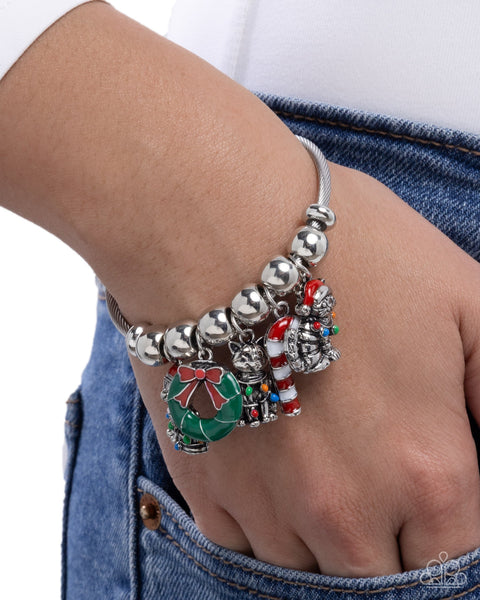 Paparazzi Christmas Morning Lanyard Necklace, Christmas Creatures Bracelet & Captivating Candy Cane Earrings Multi Set