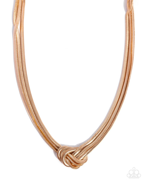 Paparazzi Knotted Kudos Necklace & Safe Sunset Interlocked Ignition Bracelet Gold Set