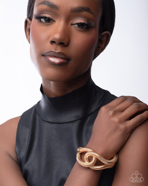 Paparazzi Sassy Staging Necklace, Polished Production Post Earring & Interlocked Ignition Bracelet Set Gold (3 pieces)