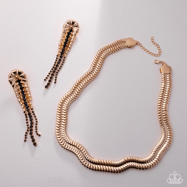 Paparazzi Sassy Staging Necklace, Polished Production Post Earring & Interlocked Ignition Bracelet Set Gold (3 pieces)