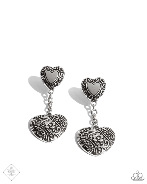 Paparazzi Rustic Ranking Blue Heart Necklace and Rustic Reveal Silver Heart Earrings Set