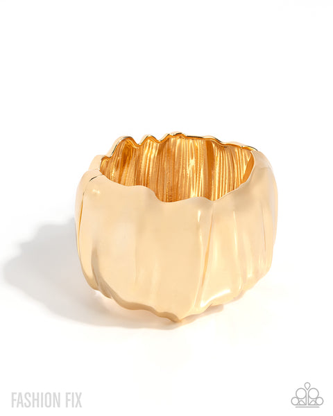 Paparazzi Peak of Pizzazz Necklace, Crinkled Catwalk Earrings, Textured Tenor Ring & Metro Mural Hinged Bracelet Gold Set