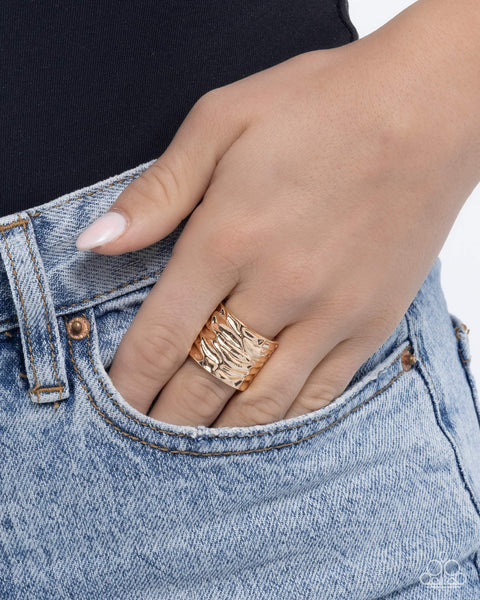 Paparazzi Peak of Pizzazz Necklace, Crinkled Catwalk Earrings, Textured Tenor Ring & Metro Mural Hinged Bracelet Gold Set