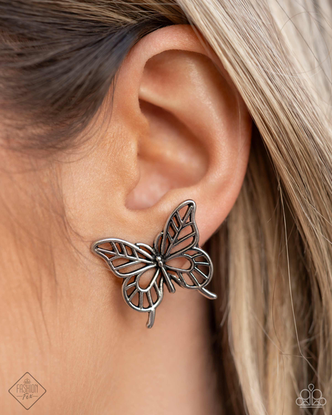 Paparazzi High and FLIGHTY - Butterfly Silver Earrings