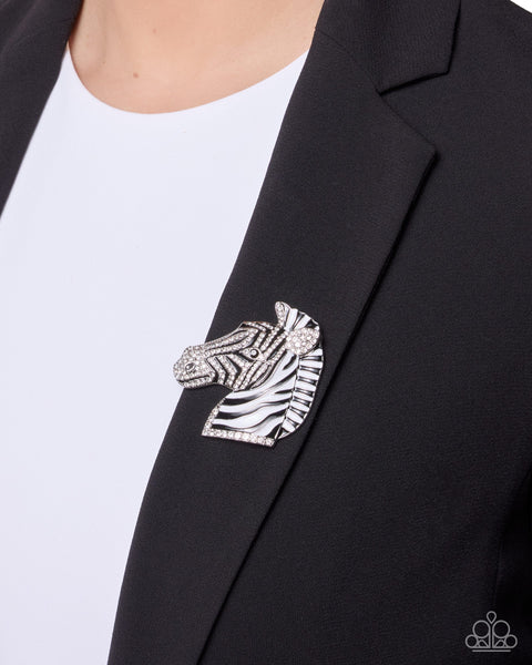 Paparazzi Running Wild Necklace White, Iconic Zebra Tassel Earrings Black, & Printed Pattern Bangle, Zebra Pen Brooch Black Bracelet Zebra Pattern (4 pieces) Zebra design Set