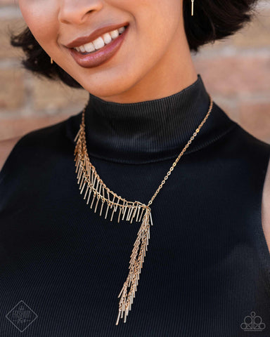 Paparazzi Linear Leap Necklace, Linear Landmark Earrings, and Linear Law Ring Gold Set