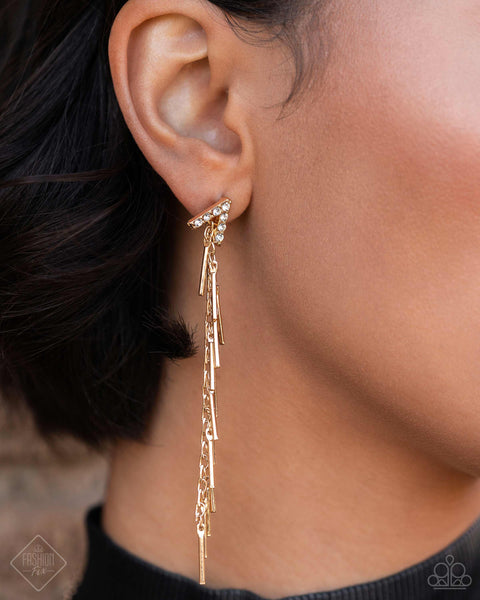 Paparazzi Linear Leap Necklace, Linear Landmark Earrings, and Linear Law Ring Gold Set