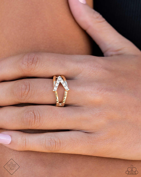 Paparazzi Linear Leap Necklace, Linear Landmark Earrings, and Linear Law Ring Gold Set
