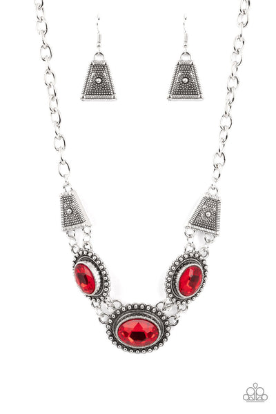 Paparazzi Textured TRAPEZOID Necklace, Brief Bloom Bracelet, Garden for Two Hoop Silver Earrings & Undefinable Dazzle Ring Red Set