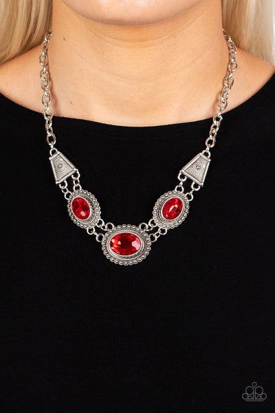 Paparazzi Textured TRAPEZOID Necklace, Brief Bloom Bracelet, Garden for Two Hoop Silver Earrings & Undefinable Dazzle Ring Red Set