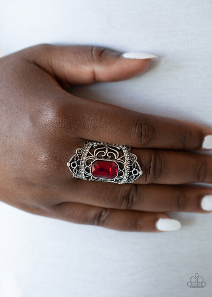 Paparazzi Textured TRAPEZOID Necklace, Brief Bloom Bracelet, Garden for Two Hoop Silver Earrings & Undefinable Dazzle Ring Red Set
