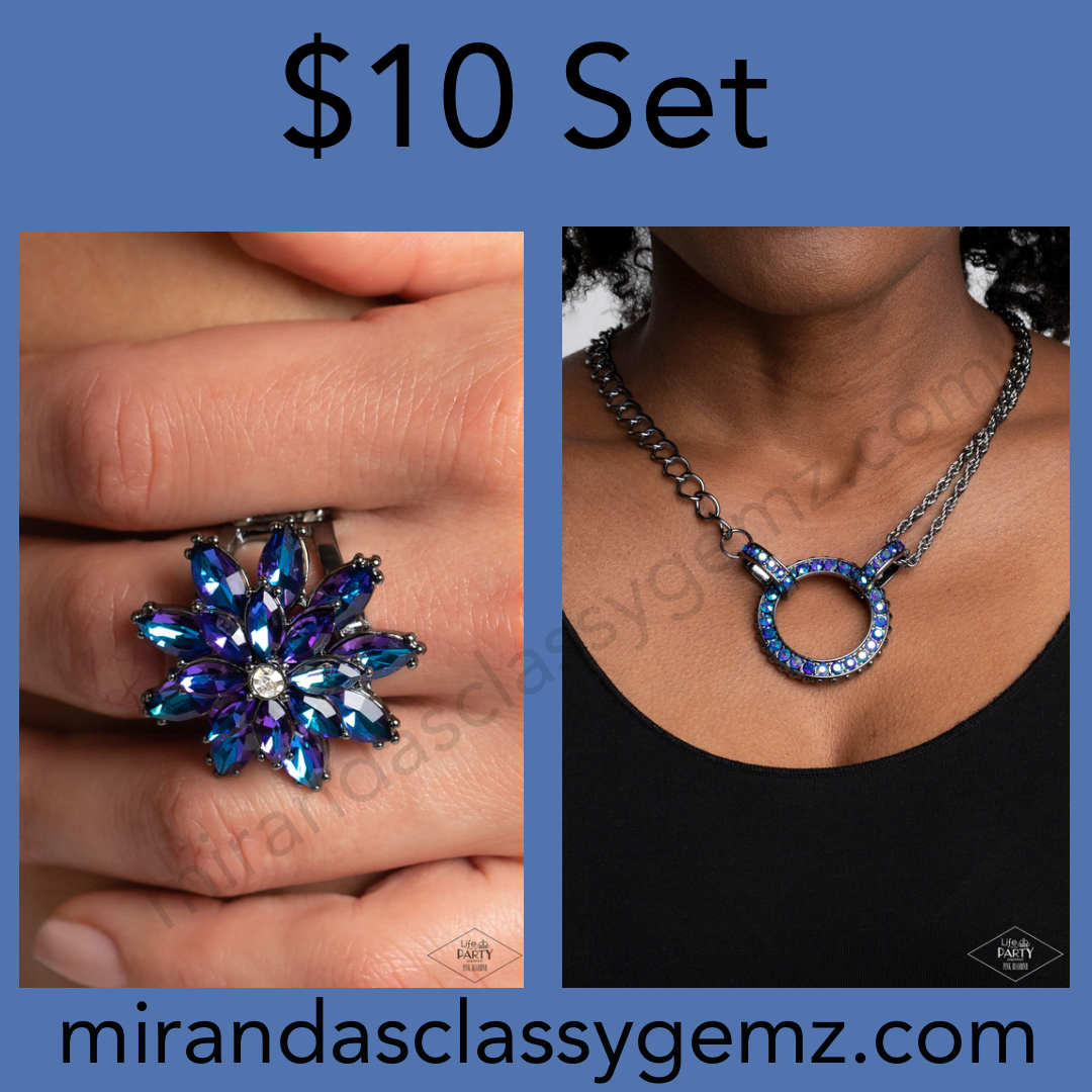 Paparazzi 
Am I GLEAMing? Multi Iridescent Ring and Razzle Dazzle UV Blue Necklace Set