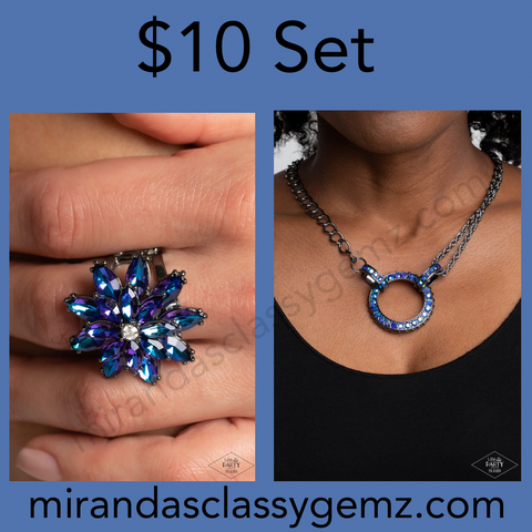 Paparazzi 
Am I GLEAMing? Multi Iridescent Ring and Razzle Dazzle UV Blue Necklace Set