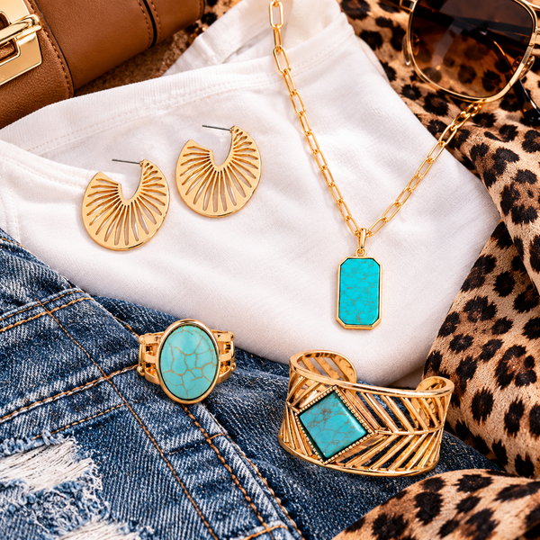 COMING SOON Paparazzi 
Square Spell Cuff Bracelet, Rustic Red Carpet Necklace, Sunset Silhouette & Divine Deserts Ring Gold Set