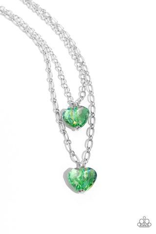 Paparazzi Layered Love - Iridescent Green Heart Necklace