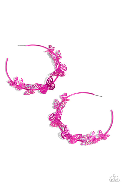 Paparazzi Shimmery Swarm - Pink Butterfly Hoop Earrings