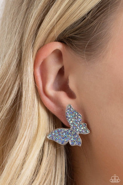 Paparazzi High Life Earrings and High Time Ring Butterfly Iridescent Blue Set